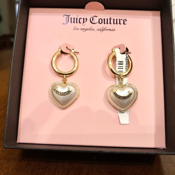 Juicy Couture Gold Tone Faux Pearl Heart Fashion Drop Earrings, New In Box - Picture 3 of 13